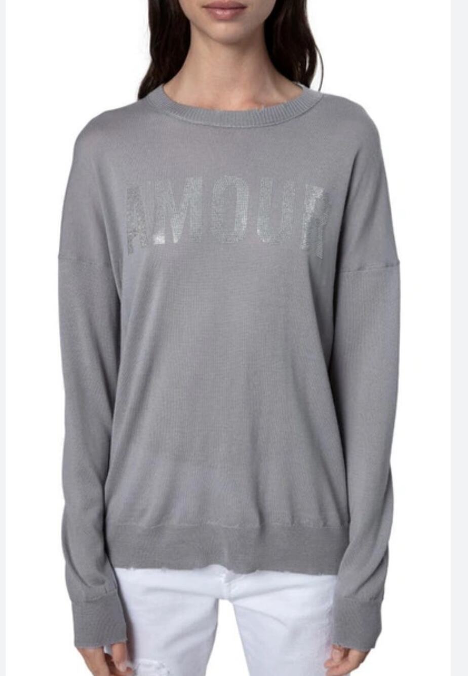 Zadig & Voltaire Miss Amour Strass Distressed Studded Sweater Gray M